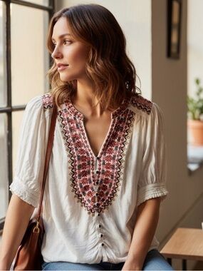Knox Rose Boho Embroidered V-Neck Peasant Blouse - Medium